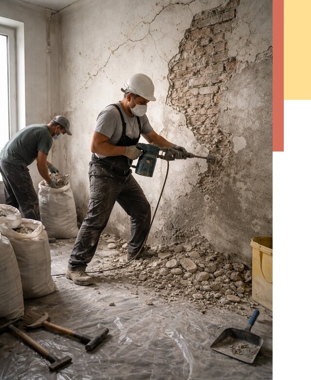 Демонтаж штукатурки со стен в Бирске от 7484 руб/м² — быстро и недорого | ОТДЕЛОЧНИК-Брк