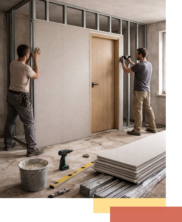 Перегородка из гипсокартона с дверью под ключ в Бирске