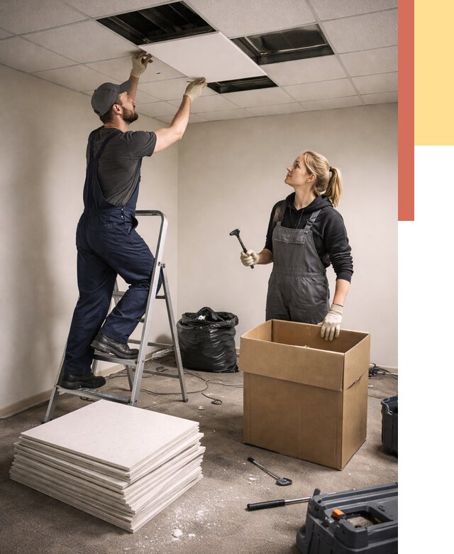 Демонтаж потолочной плитки в Бирске от 4677 руб. быстро и недорого | ОТДЕЛОЧНИК-Брк