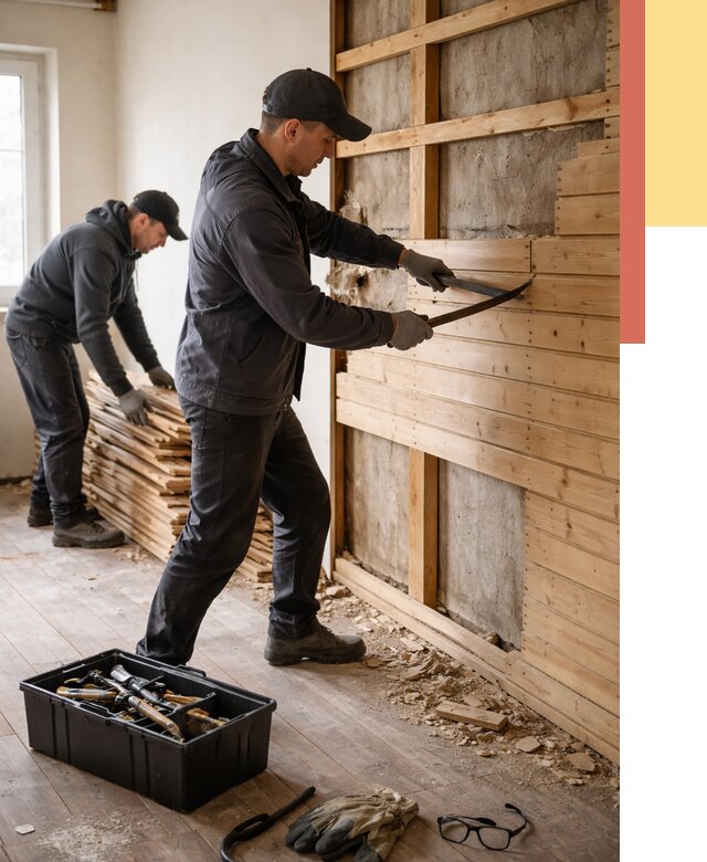 Демонтаж вагонки в Бирске от 3950 руб/м2 — быстро и недорого | ОТДЕЛОЧНИК-Брк