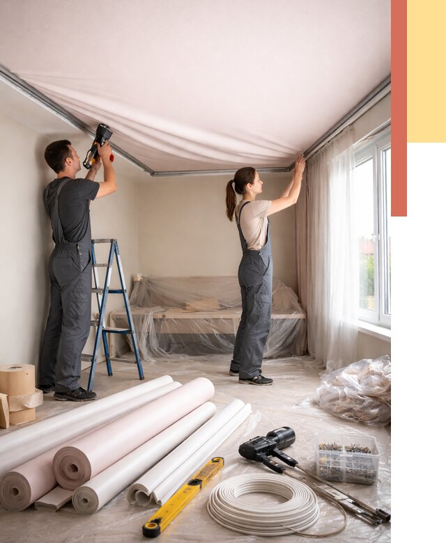 Монтаж цветного натяжного потолка в Бирске от 4365 руб/м² — быстро и недорого | ОТДЕЛОЧНИК-Брк