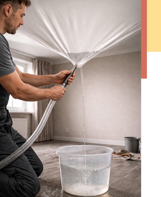 Слив воды с натяжного потолка в Бирске от 2599 руб. быстро и недорого | ОТДЕЛОЧНИК-Брк