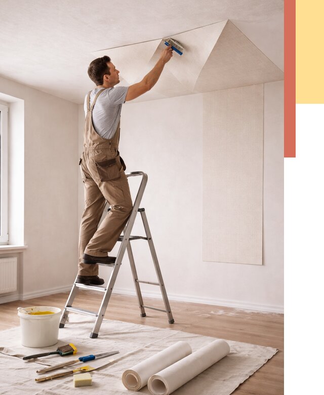 Поклейка обоев на потолок в Бирске от 4677 руб. быстро и недорого | ОТДЕЛОЧНИК-Брк